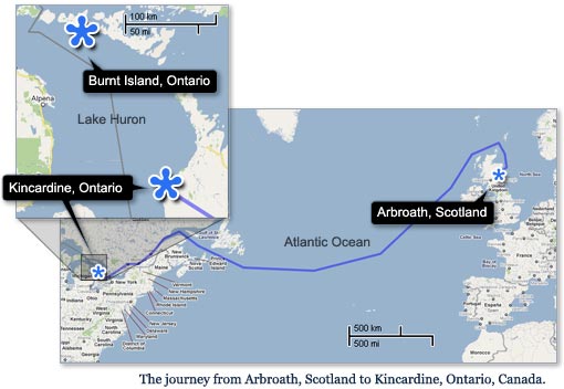 Map: The Purvis journey from Arbroath Scotland to Kincardine, Canada.